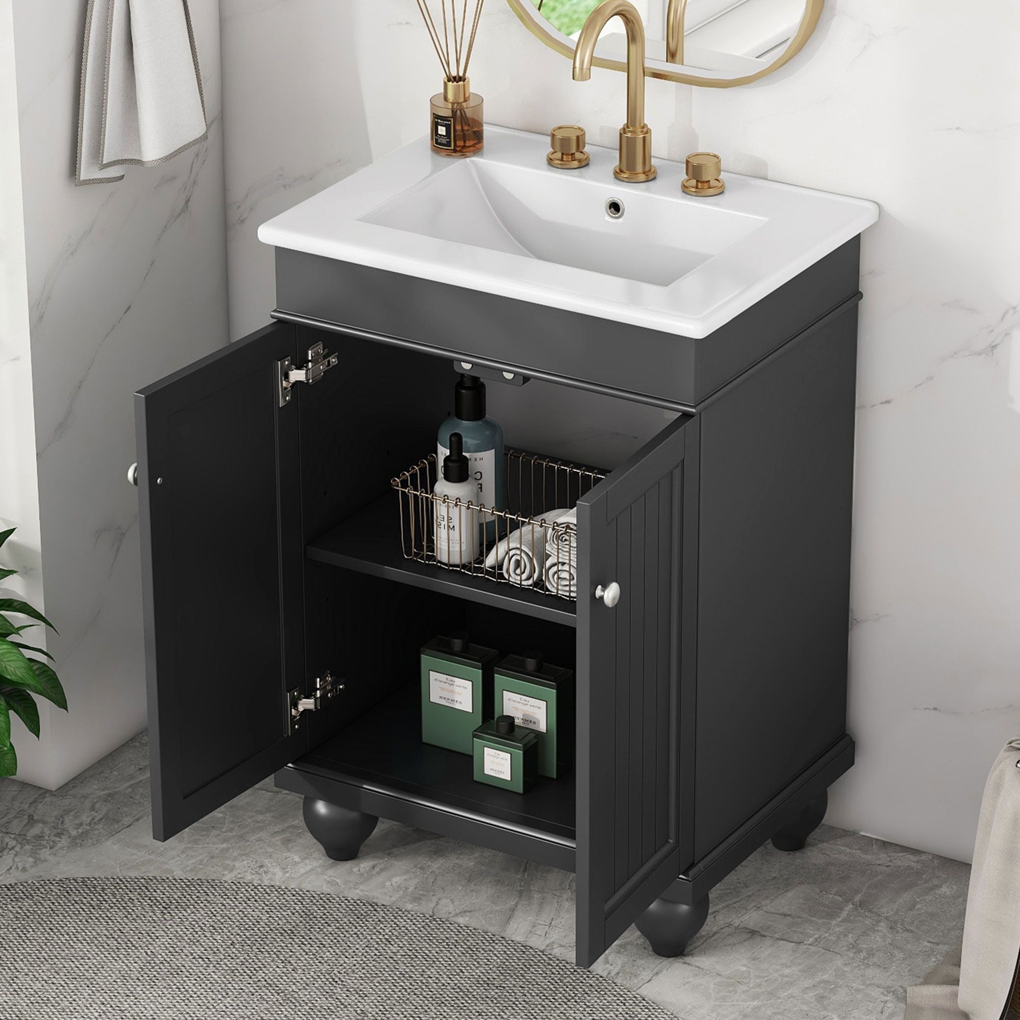 24" Modern Sleek Bathroom Vanity Elegant Ceramic Sink with Solid Wood Frame, Adjustable Shelf